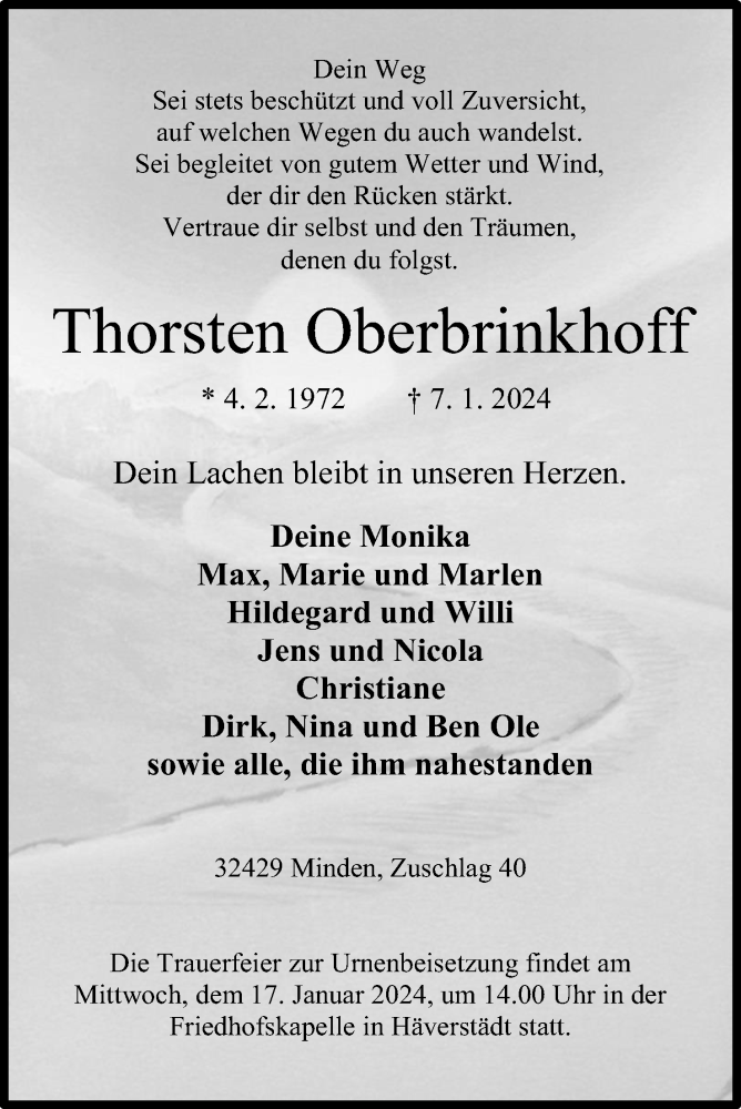  Traueranzeige für Thorsten Oberbrinkhoff vom 13.01.2024 aus 4401