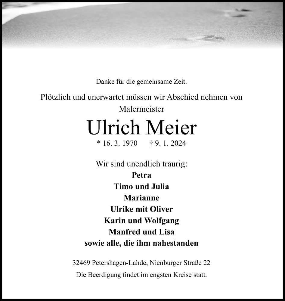  Traueranzeige für Ulrich Meier vom 13.01.2024 aus 4401
