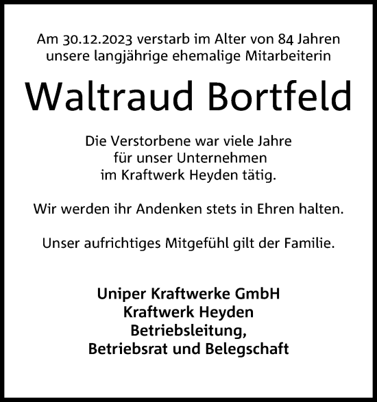 Anzeige von Waltraud Bortfeld von 4401