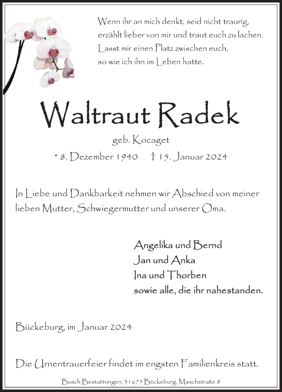 Anzeige von Waltraut Radek von 4401