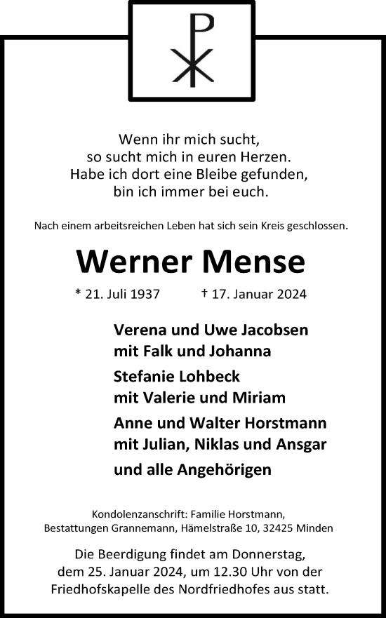 Anzeige von Werner Mense von 4401