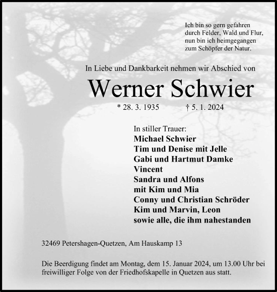 Anzeige von Werner Schwier von 4401