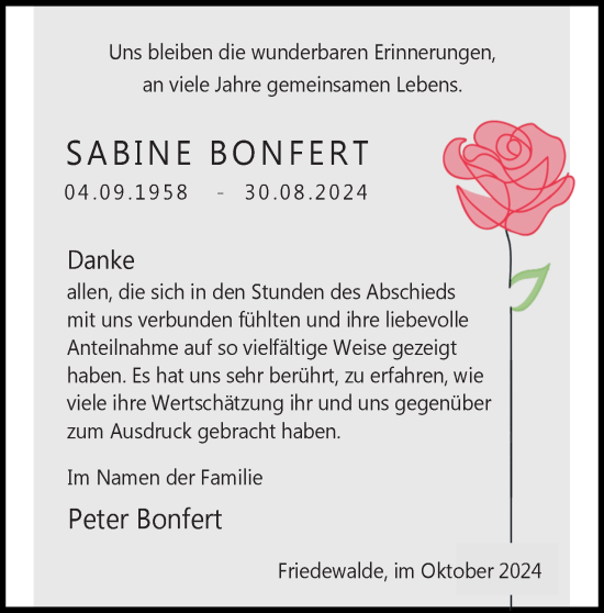 Anzeige von Sabine Bonfert von Mindener Tageblatt