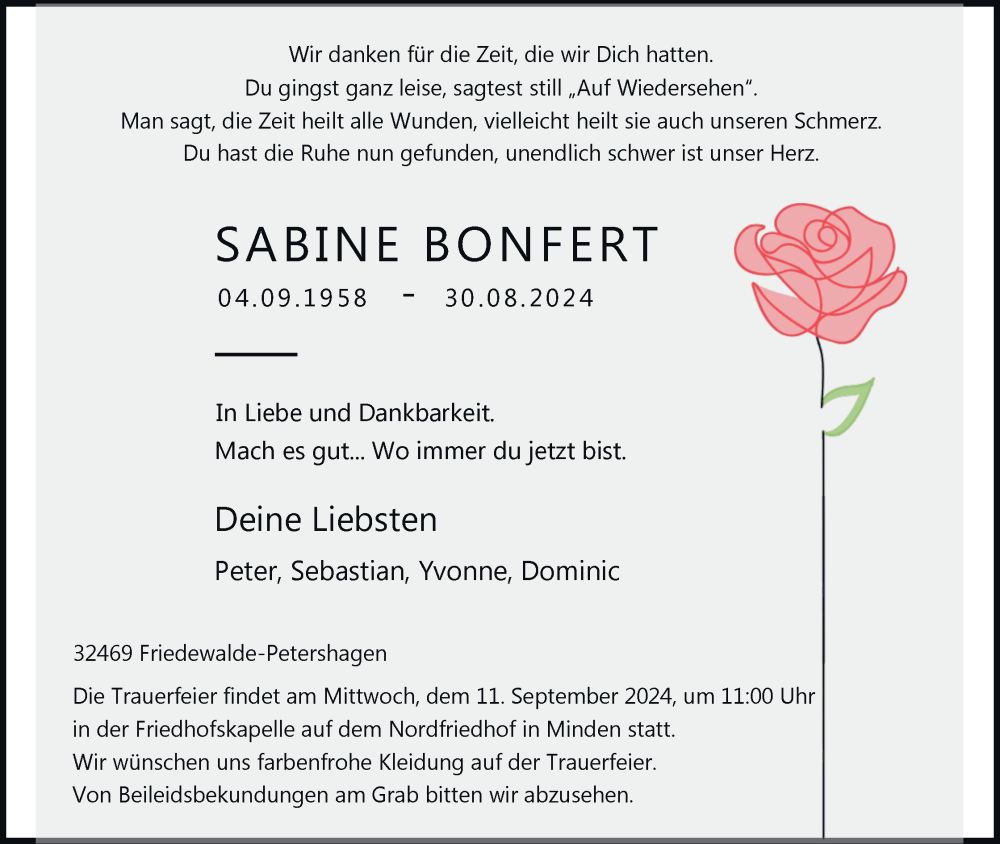  Traueranzeige für Sabine Bonfert vom 10.09.2024 aus Mindener Tageblatt