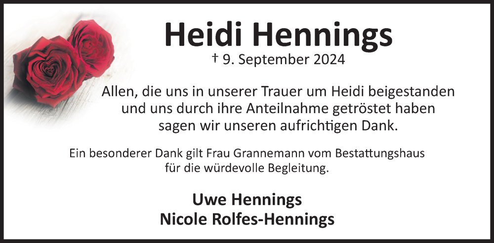  Traueranzeige für Heidi Hennings vom 05.10.2024 aus 4401