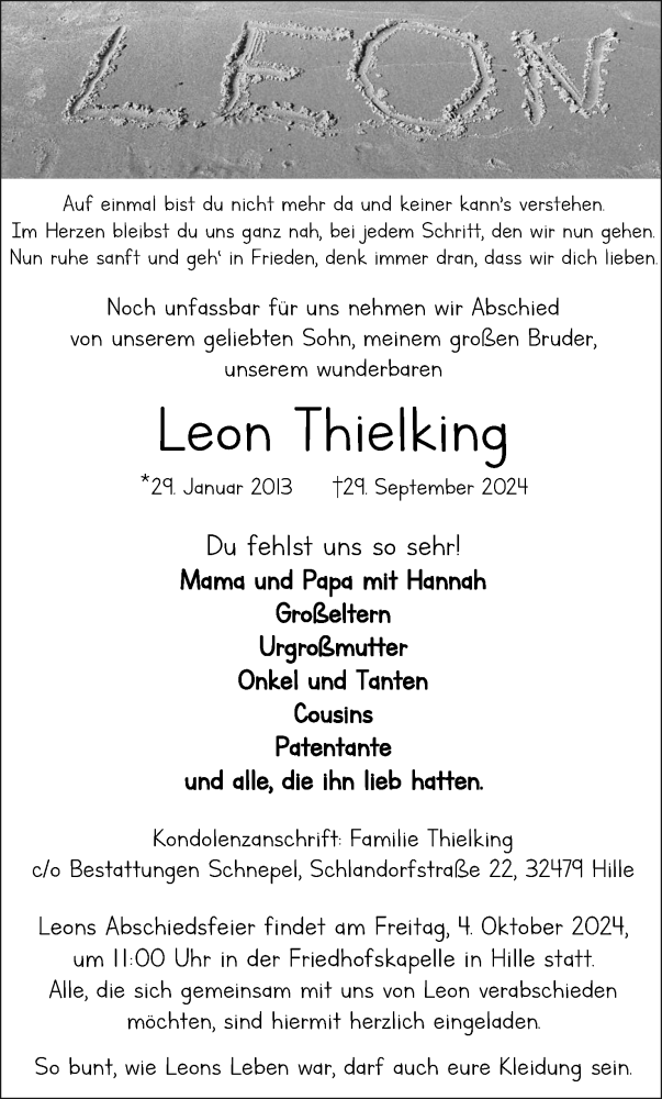  Traueranzeige für Leon Thielking vom 02.10.2024 aus 4401