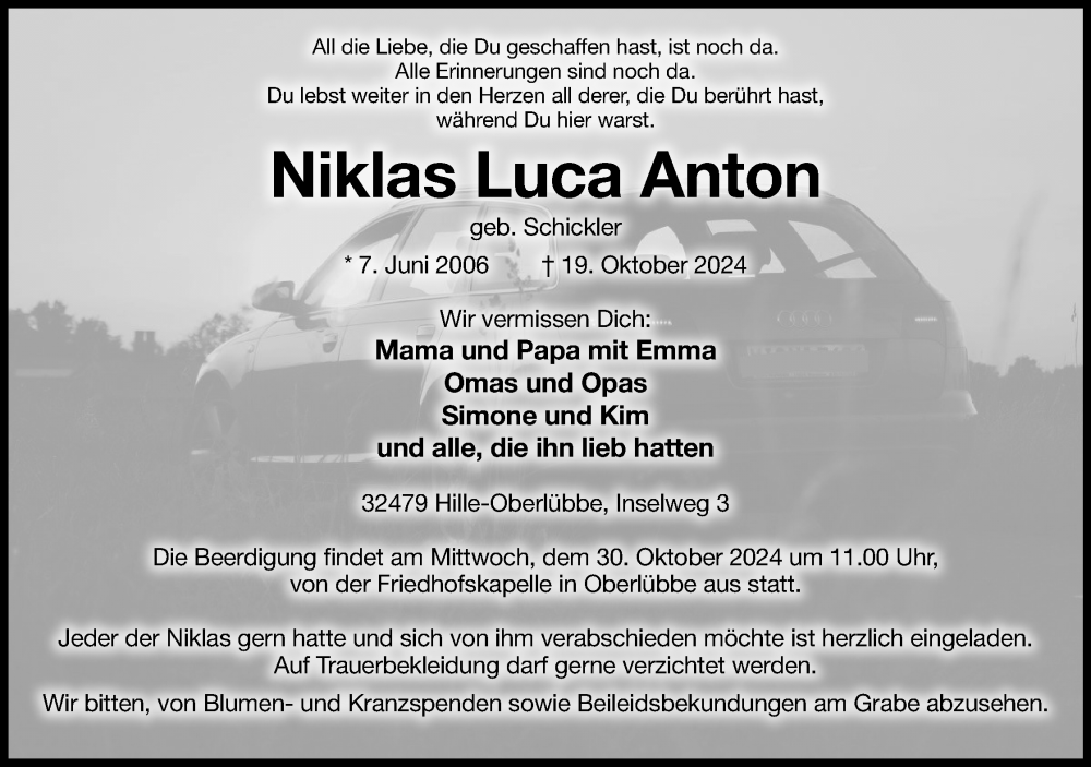  Traueranzeige für Niklas Luca Anton vom 26.10.2024 aus 4401