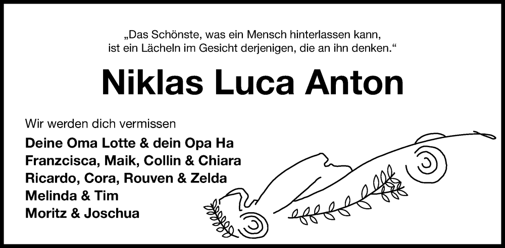  Traueranzeige für Niklas Luca Anton vom 26.10.2024 aus 4401