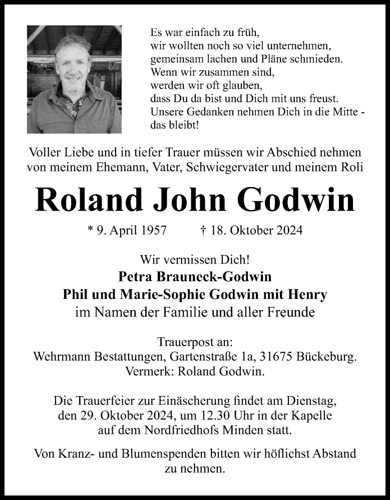  Traueranzeige für Roland John Godwin vom 23.10.2024 aus 4401