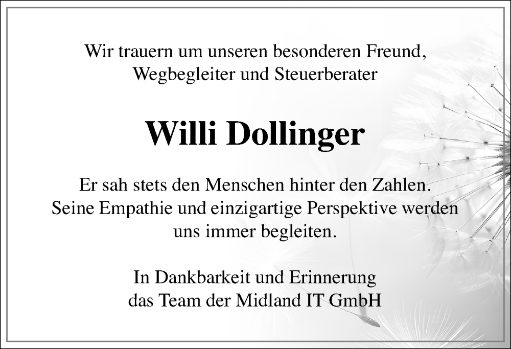  Traueranzeige für Willi Dollinger vom 19.10.2024 aus 4401