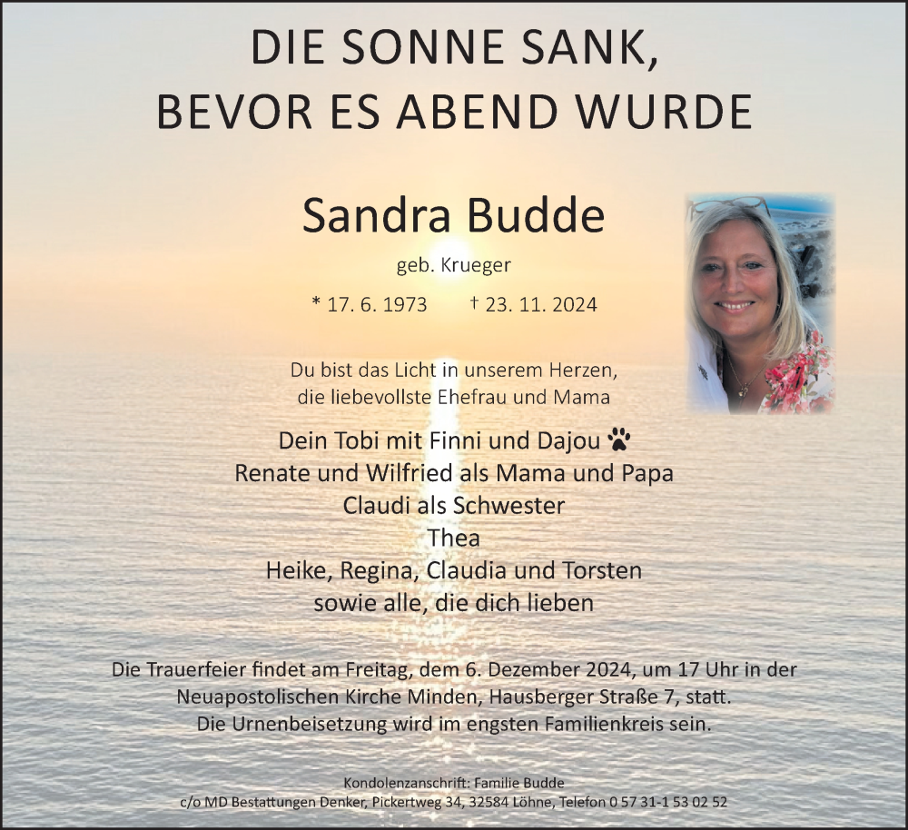  Traueranzeige für Sandra Budde vom 30.11.2024 aus Mindener Tageblatt