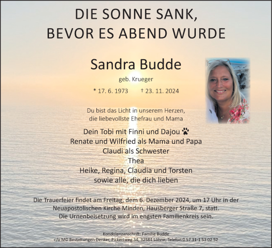 Anzeige von Sandra Budde von Mindener Tageblatt