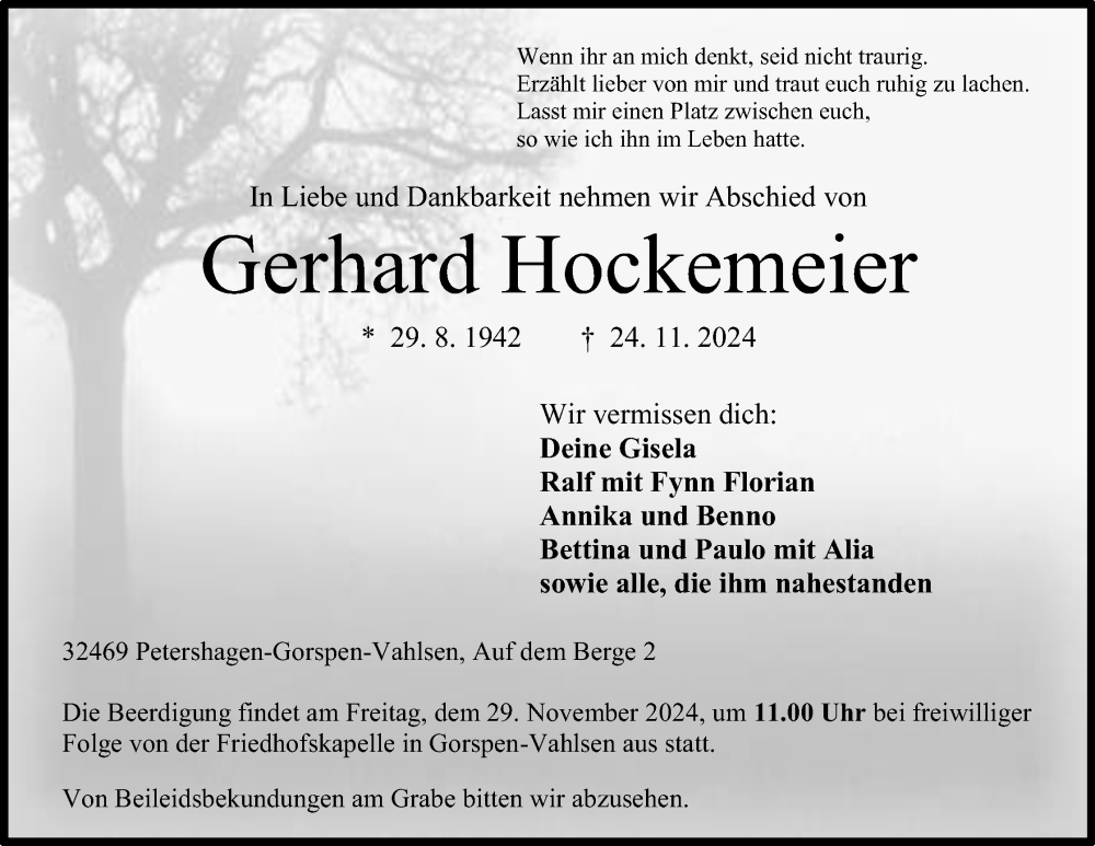  Traueranzeige für Gerhard Hockemeier vom 26.11.2024 aus 4401