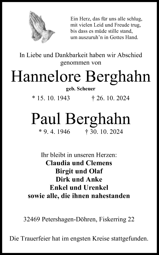  Traueranzeige für Hannelore Berghahn vom 09.11.2024 aus 4401