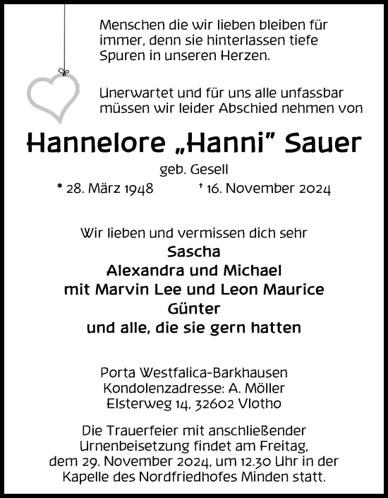 Anzeige von Hannelore Hanni Sauer von 4401