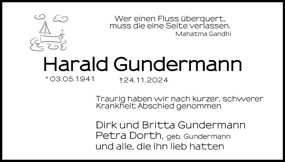  Traueranzeige für Harald Gundermann vom 30.11.2024 aus 4401