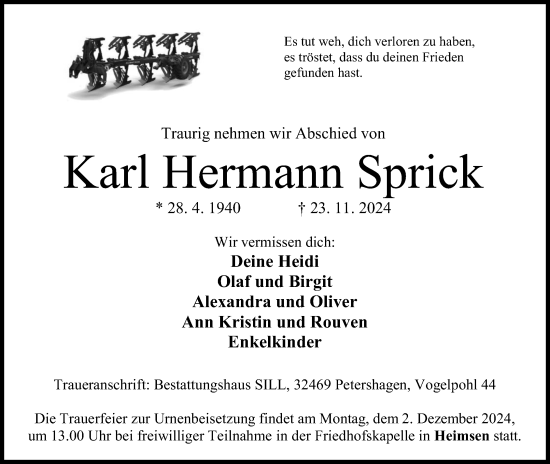 Anzeige von Karl Hermann Sprick von 4401