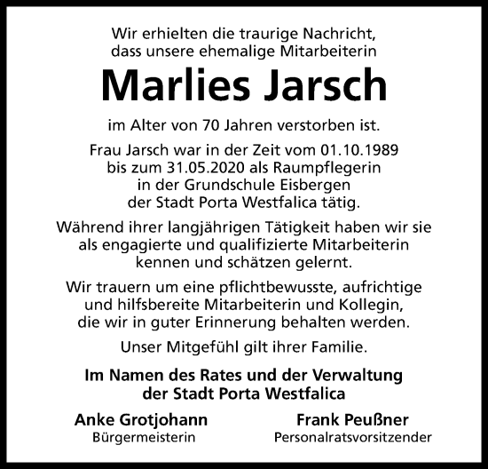 Anzeige von Marlies Jarsch von 4401