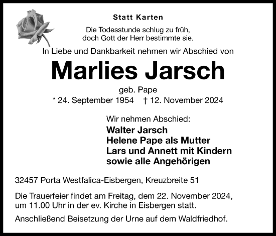 Anzeige von Marlies Jarsch von 4401