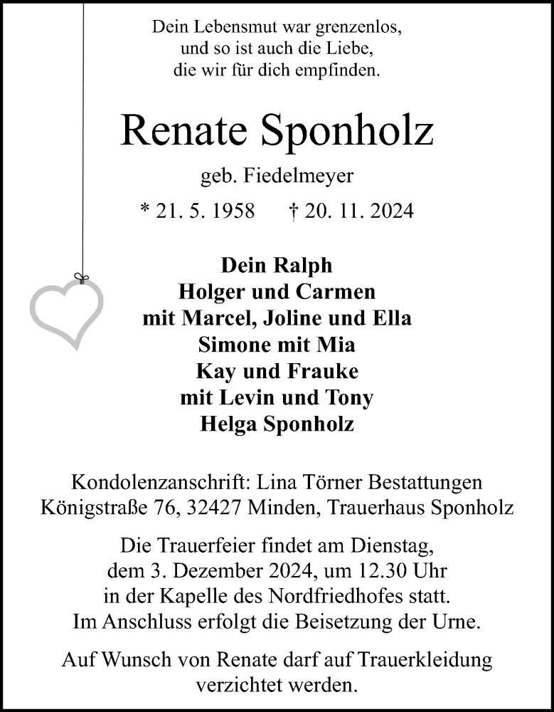  Traueranzeige für Renate Sponholz vom 23.11.2024 aus 4401