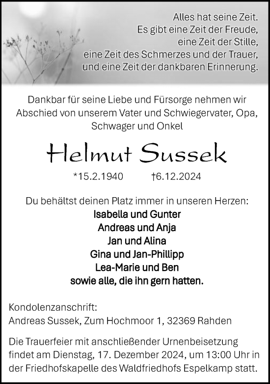 Anzeige von Helmut Sussek 