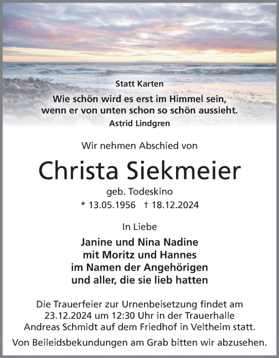 Anzeige von Christa Siekmeier von 4401