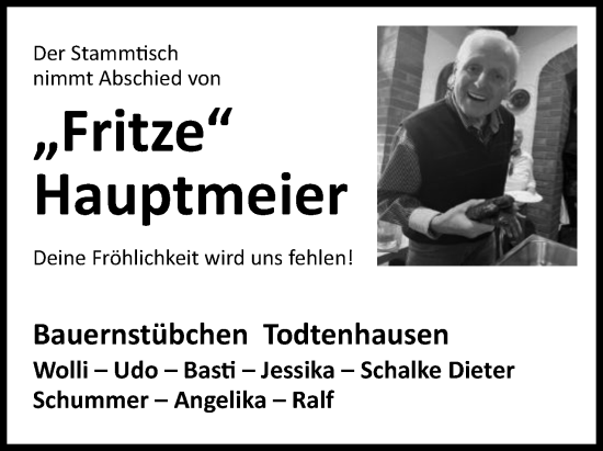 Anzeige von Fritz Hauptmeier von 4401