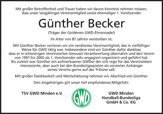 Anzeige von Günther Becker von 4401