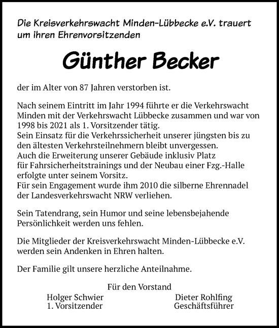 Anzeige von Günther Becker von 4401