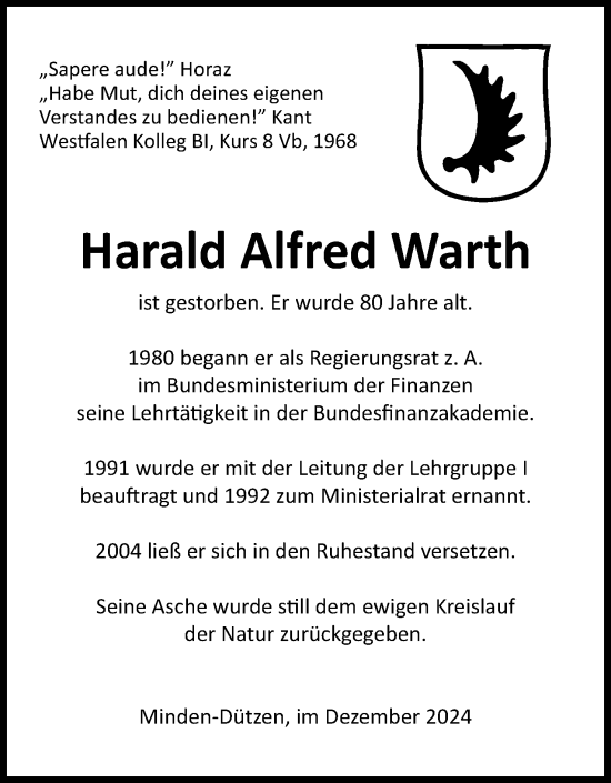 Anzeige von Harald Alfred Warth von 4401