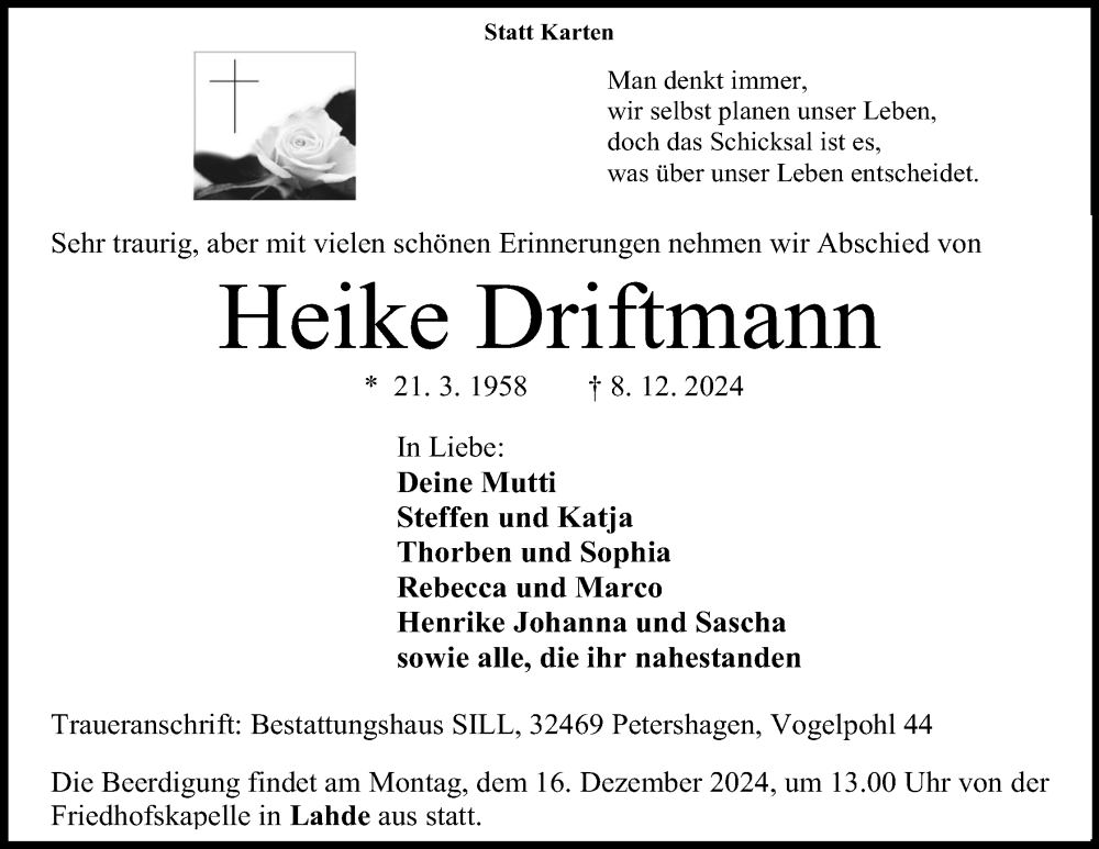  Traueranzeige für Heike Driftmann vom 14.12.2024 aus 4401