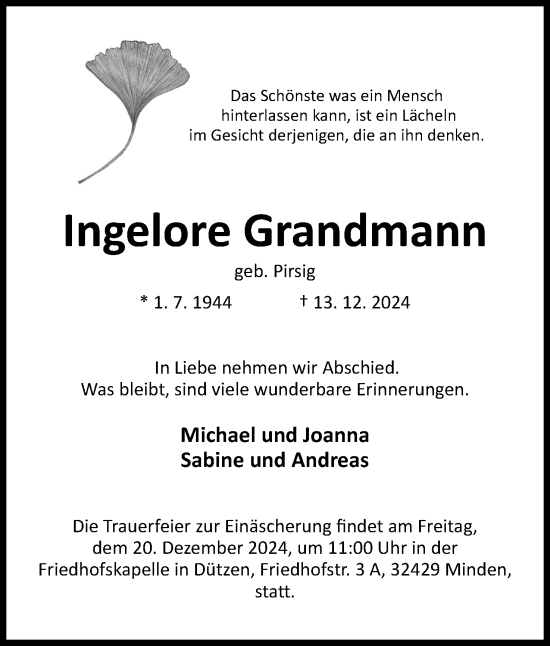 Anzeige von Ingelore Grandmann von 4401