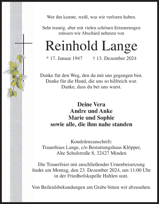 Anzeige von Reinhold Lange von 4401