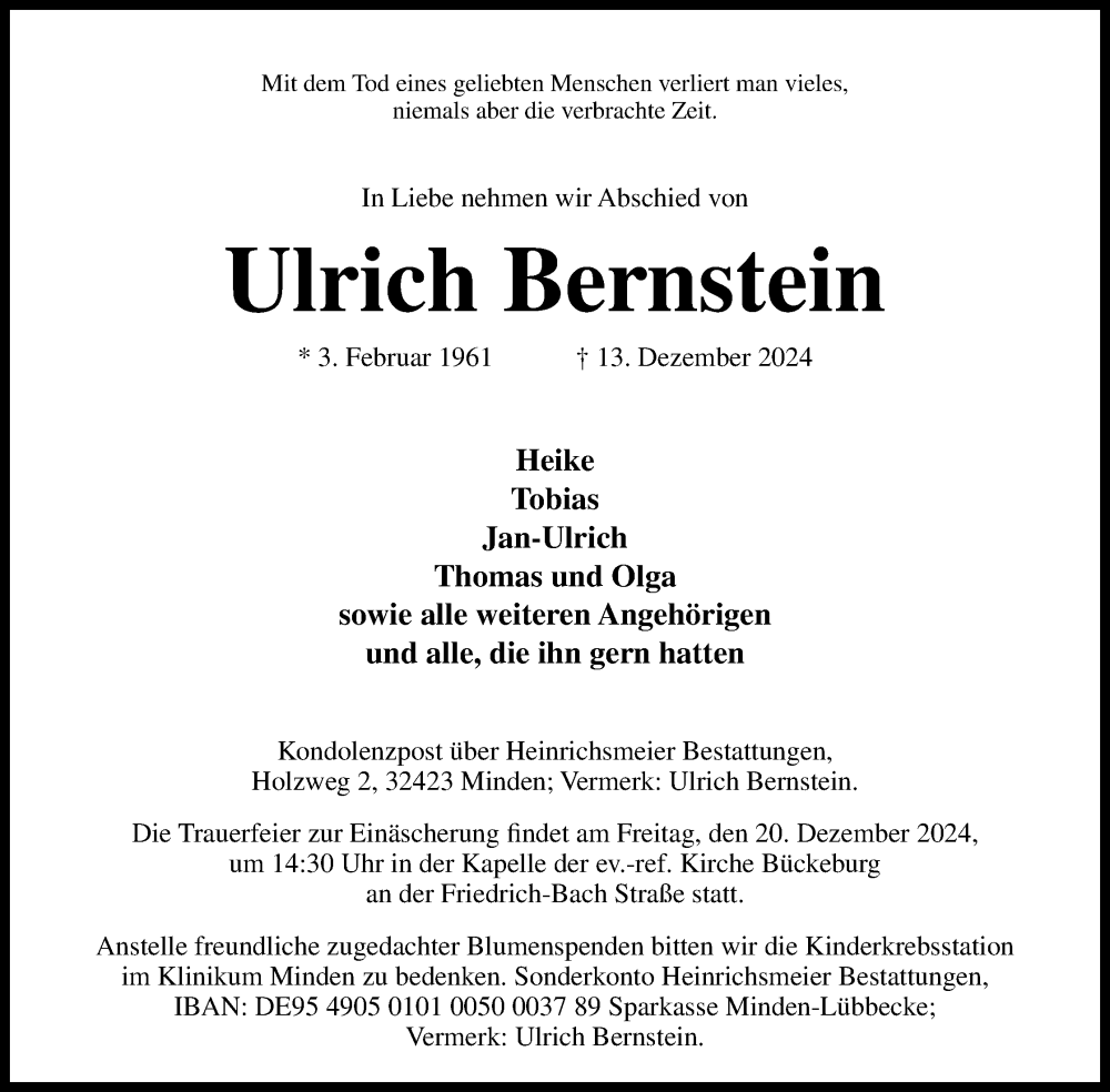  Traueranzeige für Ulrich Bernstein vom 17.12.2024 aus 4401