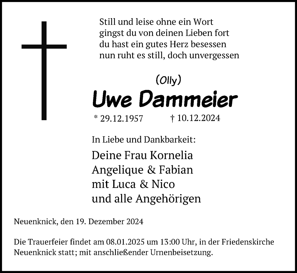  Traueranzeige für Uwe Dammeier vom 27.12.2024 aus 4401