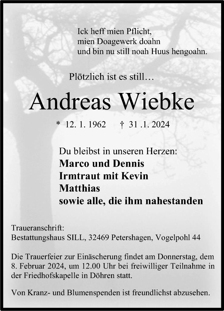  Traueranzeige für Andreas Wiebke vom 03.02.2024 aus 4401