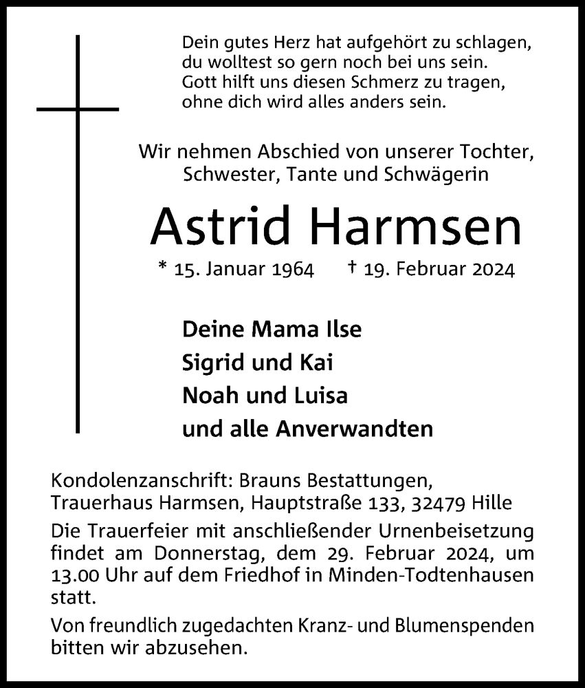  Traueranzeige für Astrid Harmsen vom 24.02.2024 aus 4401
