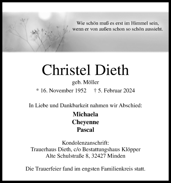 Anzeige von Christel Dieth von 4401