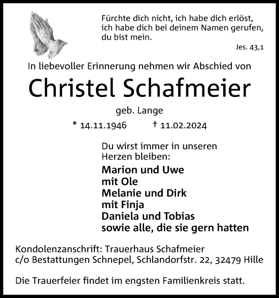 Anzeige von Christel Schafmeier von 4401