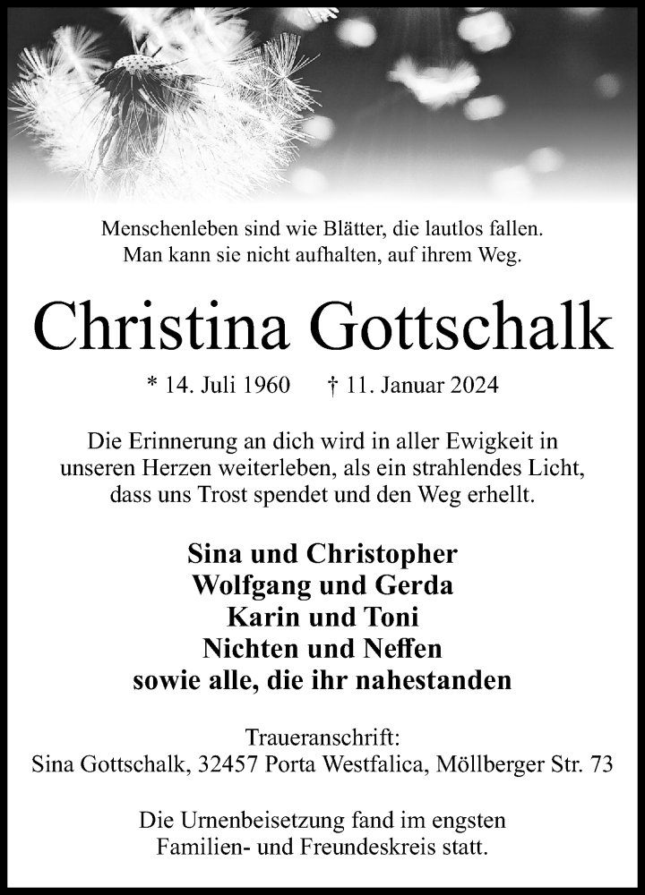  Traueranzeige für Christina Gottschalk vom 03.02.2024 aus 4401