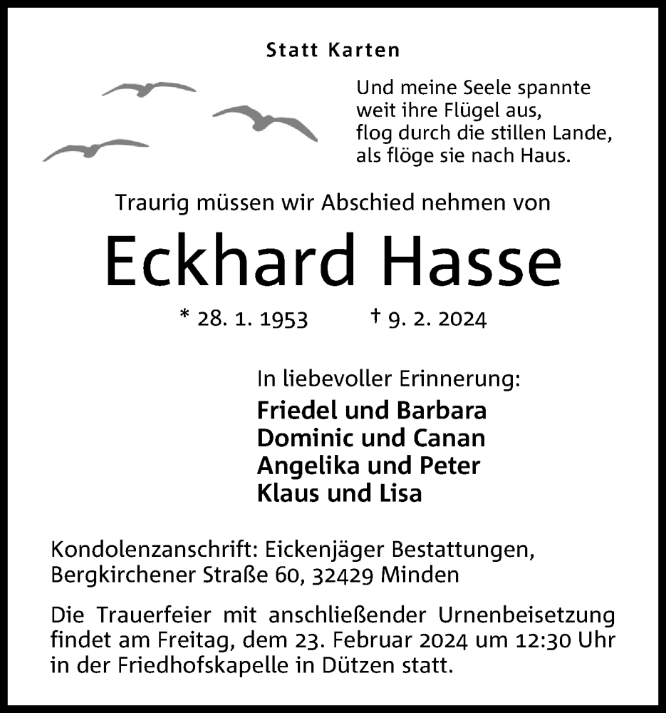  Traueranzeige für Eckhard Hasse vom 17.02.2024 aus Mindener Tageblatt
