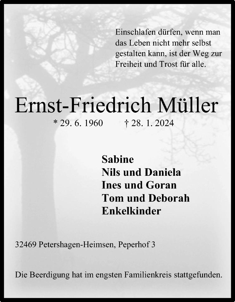  Traueranzeige für Ernst-Friedrich Müller vom 03.02.2024 aus 4401