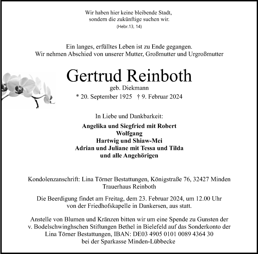  Traueranzeige für Gertrud Reinboth vom 17.02.2024 aus Mindener Tageblatt