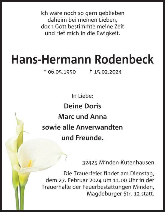 Anzeige von Hans-Hermann Rodenbeck von 4401