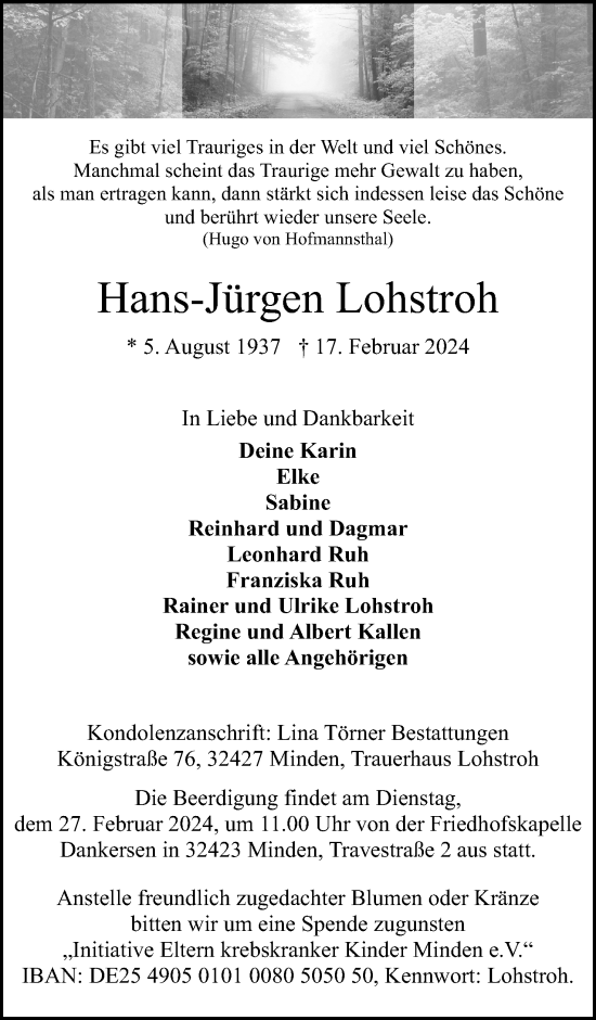 Anzeige von Hans-Jürgen Lohstroh von 4401