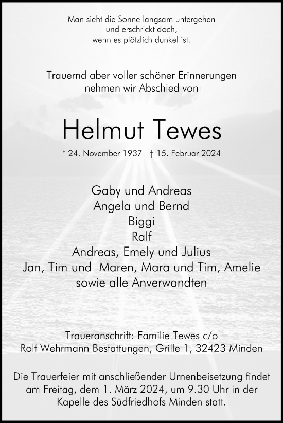 Anzeige von Helmut Tewes von 4401