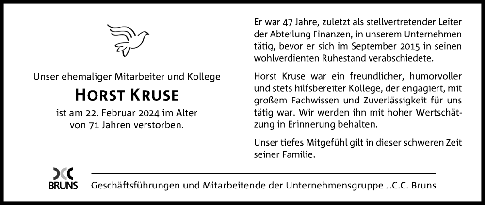  Traueranzeige für Horst Kruse vom 27.02.2024 aus 4401
