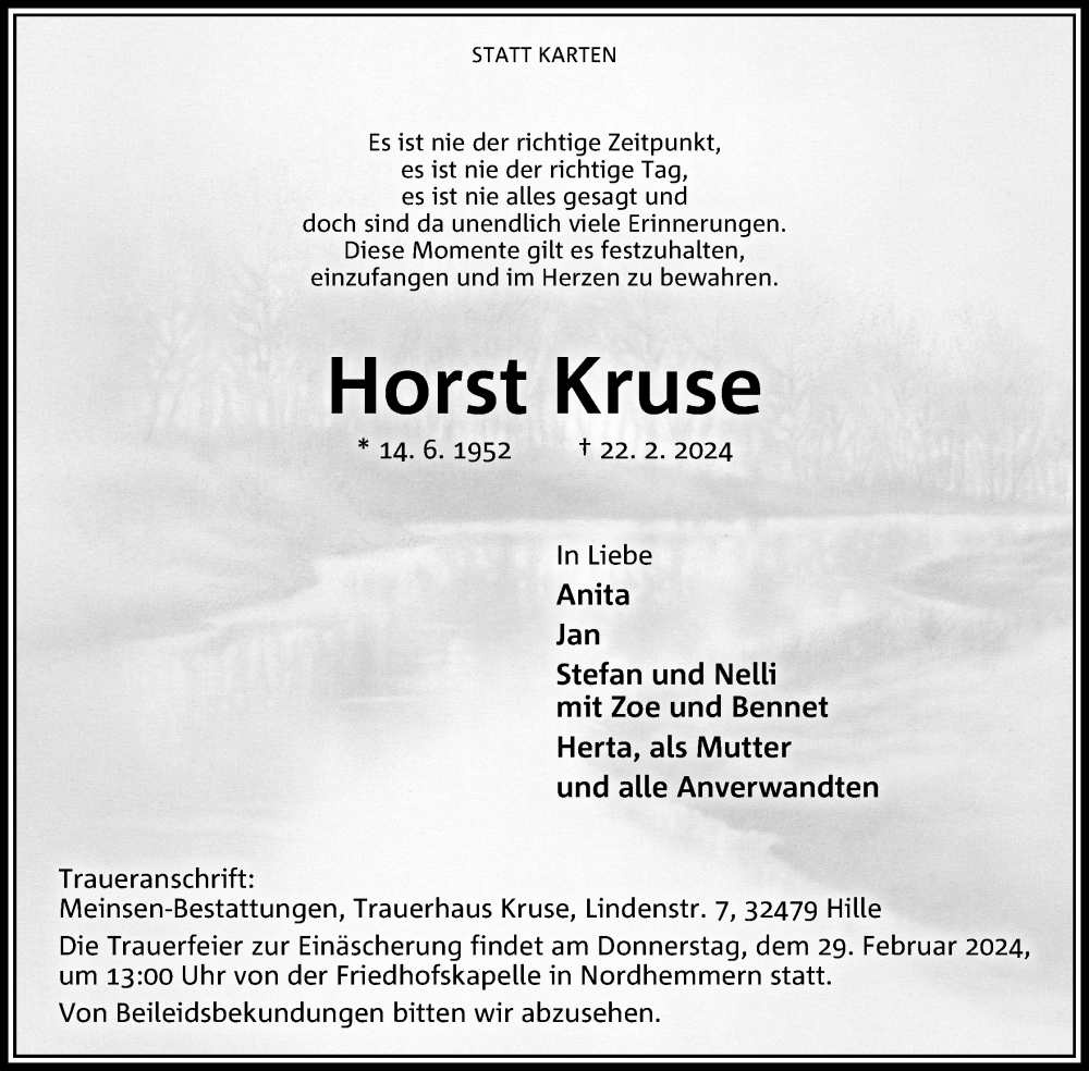  Traueranzeige für Horst Kruse vom 27.02.2024 aus 4401