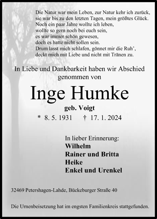Anzeige von Inge Humke von 4401