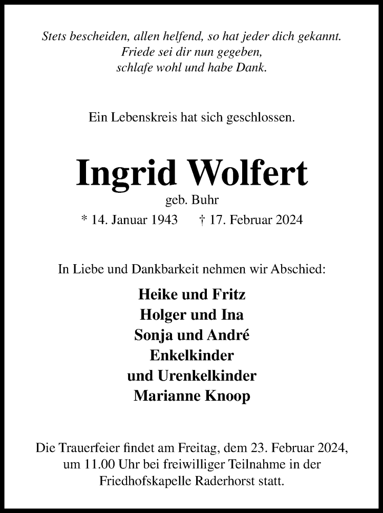  Traueranzeige für Ingrid Wolfert vom 21.02.2024 aus 4401
